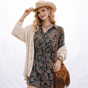 Olivaceous Elegant Paisley Long Sleeve Button Down Layered Mini Dress Boho Chic
